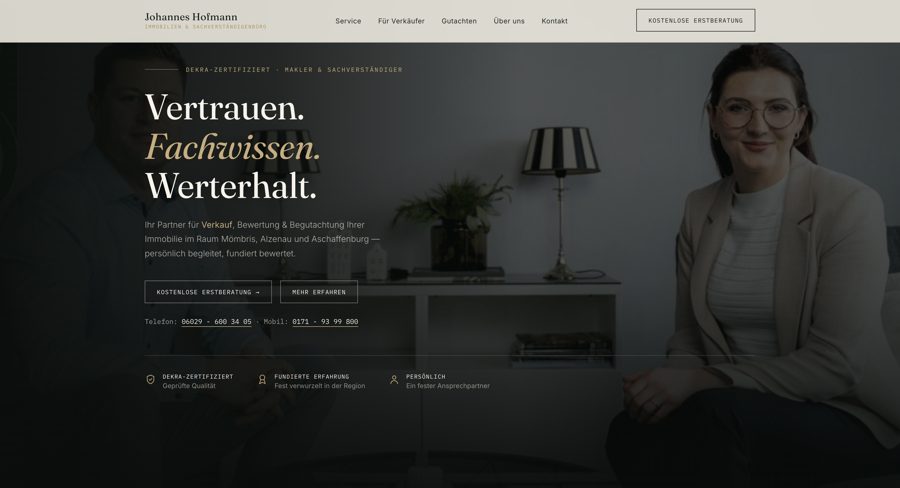Website für ein Immobilien- und Sachverständigenbüro mit Fokus auf Verkauf und Gutachten