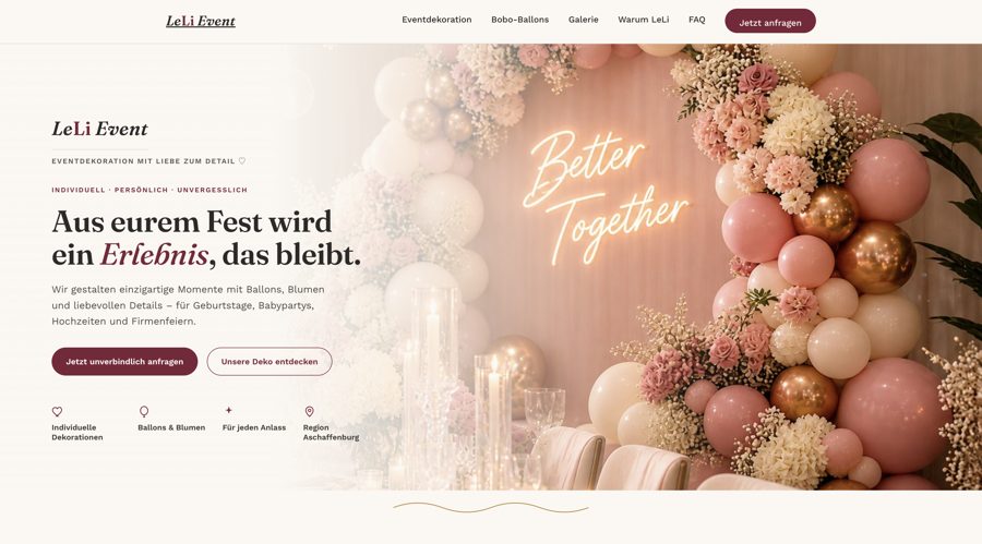 Website für Eventdekoration mit Ballons und Blumen
